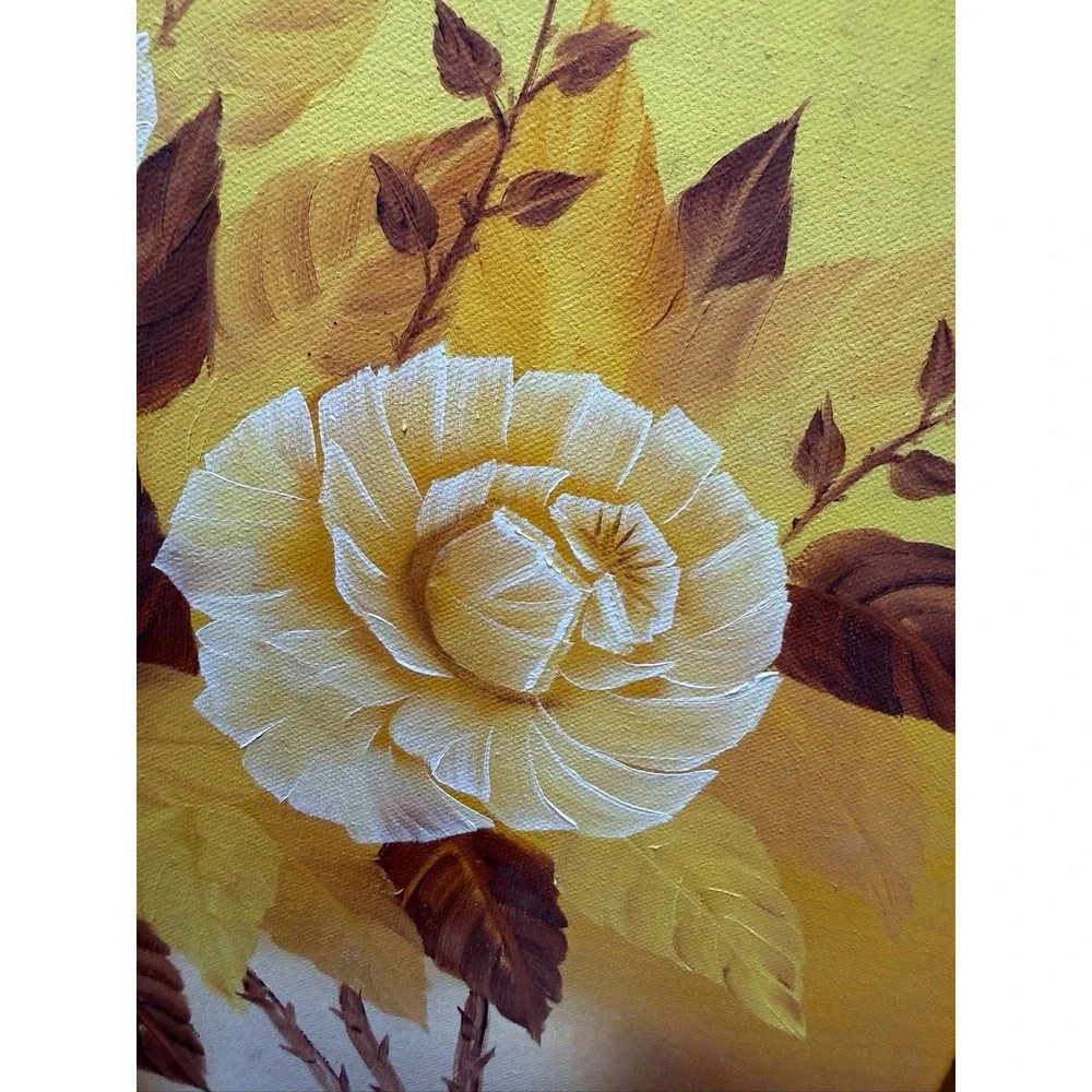 MCM Yellow Roses Oil Painting Carved Wood Frame Aged Vintage Sweet